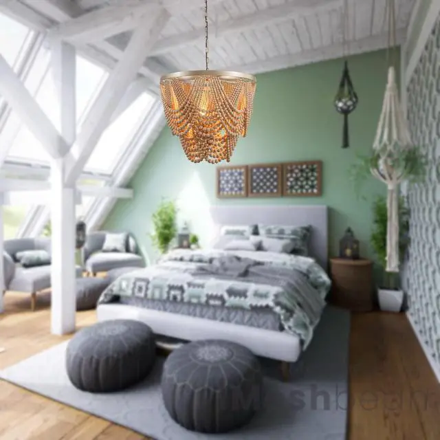 Alt view image 2 of 6 - Boho Wood Beaded Chandelier Light Fixture,Large 25.5 inch Bohemia Bead Chandelier Rustic Farmhouse Ceiling Light Fixture for Dinning Room Bedroom Living Room (Oak)