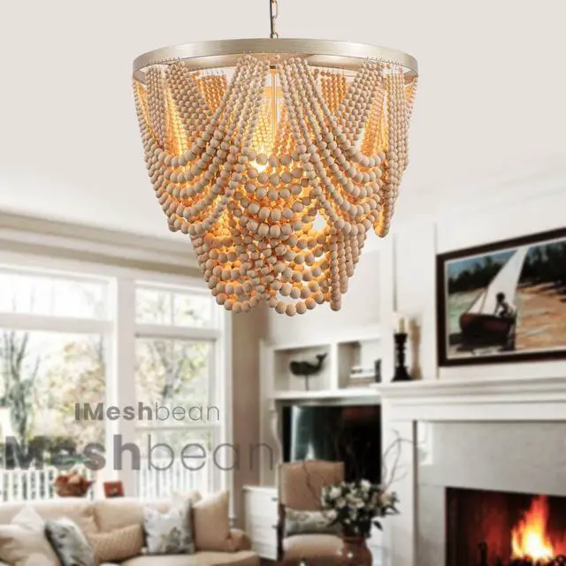 Alt view image 3 of 6 - Boho Wood Beaded Chandelier Light Fixture,Large 25.5 inch Bohemia Bead Chandelier Rustic Farmhouse Ceiling Light Fixture for Dinning Room Bedroom Living Room (Oak)