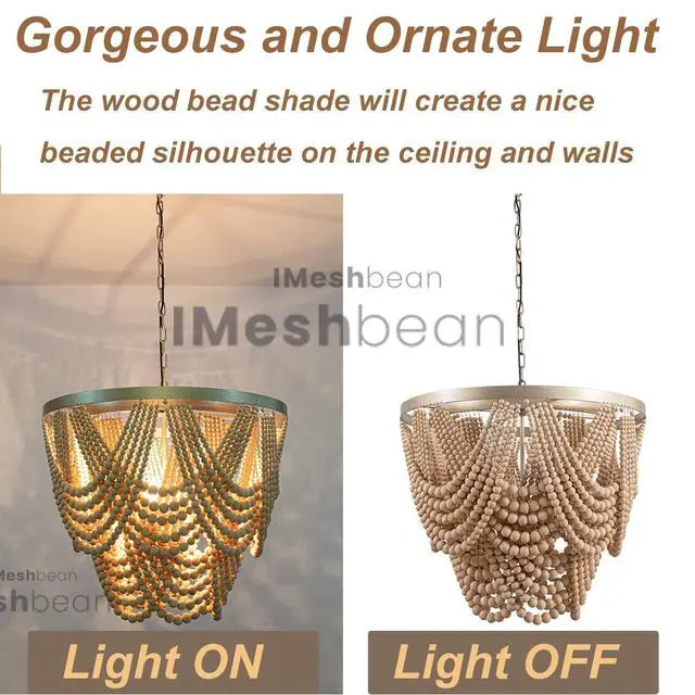 Alt view image 4 of 6 - Boho Wood Beaded Chandelier Light Fixture,Large 25.5 inch Bohemia Bead Chandelier Rustic Farmhouse Ceiling Light Fixture for Dinning Room Bedroom Living Room (Oak)