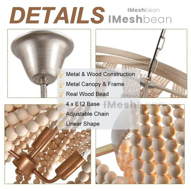 Alt view image 5 of 6 - Boho Wood Beaded Chandelier Light Fixture,Large 25.5 inch Bohemia Bead Chandelier Rustic Farmhouse Ceiling Light Fixture for Dinning Room Bedroom Living Room (Oak)