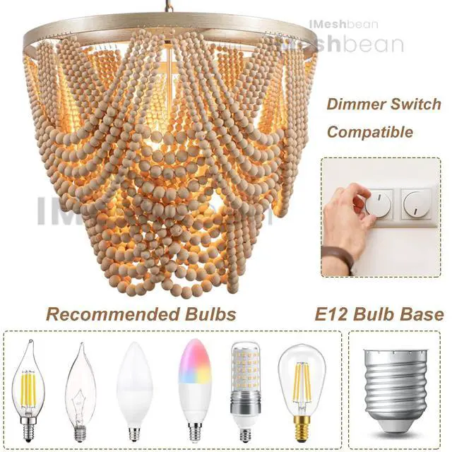 Alt view image 6 of 6 - Boho Wood Beaded Chandelier Light Fixture,Large 25.5 inch Bohemia Bead Chandelier Rustic Farmhouse Ceiling Light Fixture for Dinning Room Bedroom Living Room (Oak)