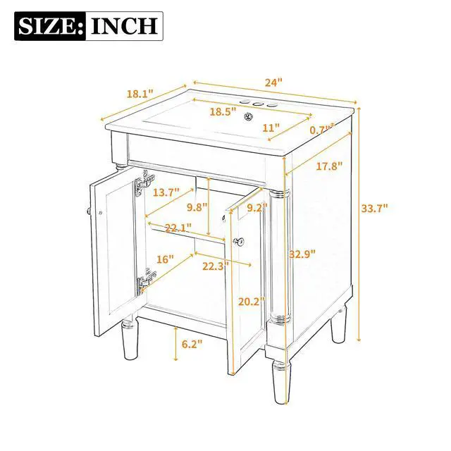 Alt view image 2 of 6 - 24 Inch Bathroom Vanity with Single Sink Combo Set, Modern Bathroom Storage Cabinet with Double Soft Closing Doors, Solid Wood Frame Bathroom Vanities. (Dark Black)