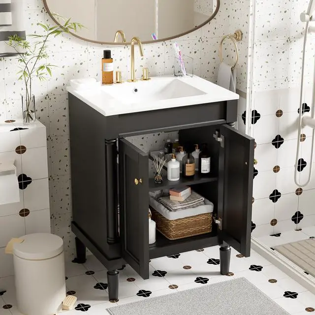Alt view image 3 of 6 - 24 Inch Bathroom Vanity with Single Sink Combo Set, Modern Bathroom Storage Cabinet with Double Soft Closing Doors, Solid Wood Frame Bathroom Vanities. (Dark Black)