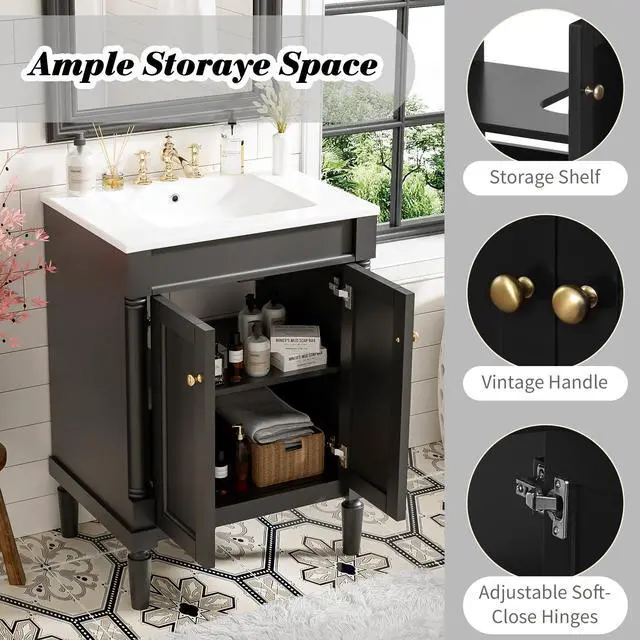 Alt view image 4 of 6 - 24 Inch Bathroom Vanity with Single Sink Combo Set, Modern Bathroom Storage Cabinet with Double Soft Closing Doors, Solid Wood Frame Bathroom Vanities. (Dark Black)