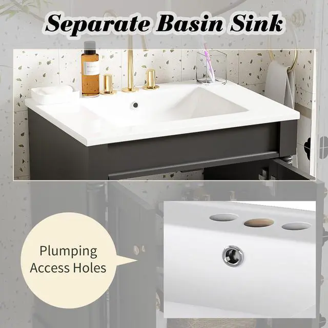 Alt view image 5 of 6 - 24 Inch Bathroom Vanity with Single Sink Combo Set, Modern Bathroom Storage Cabinet with Double Soft Closing Doors, Solid Wood Frame Bathroom Vanities. (Dark Black)