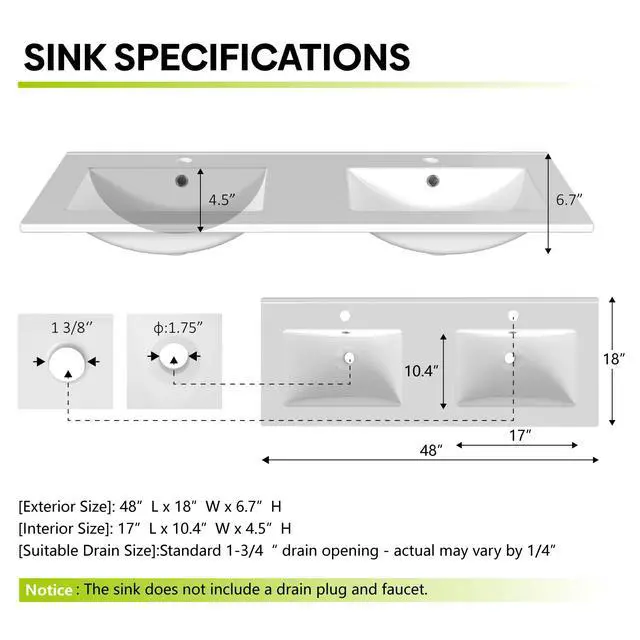 Alt view image 2 of 6 - Bathroom Sink, Bathroom Counter Top 48" x 18", Rectangular Porcelain Ceramic Vanity Basin with Overflow, Double Sink Basin Vanity Top, Glossy White Glossy White