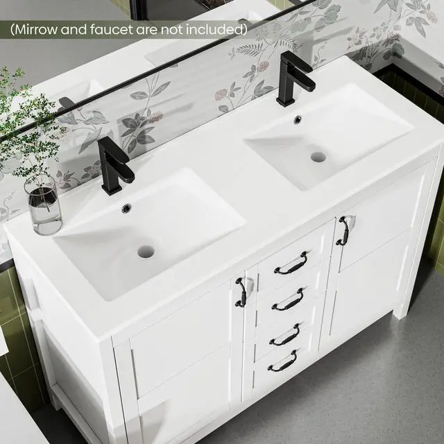 Alt view image 3 of 6 - Bathroom Sink, Bathroom Counter Top 48" x 18", Rectangular Porcelain Ceramic Vanity Basin with Overflow, Double Sink Basin Vanity Top, Glossy White Glossy White
