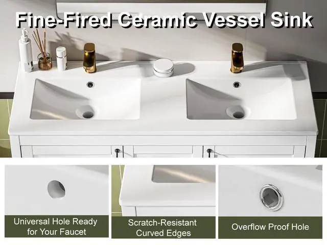 Alt view image 4 of 6 - Bathroom Sink, Bathroom Counter Top 48" x 18", Rectangular Porcelain Ceramic Vanity Basin with Overflow, Double Sink Basin Vanity Top, Glossy White Glossy White
