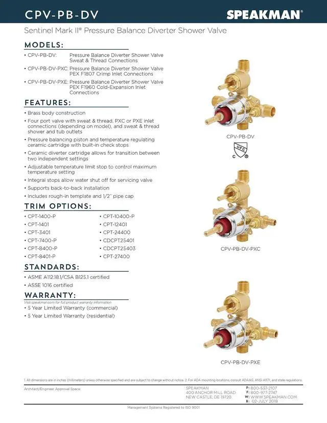 Alt view image 2 of 6 - CPV-PB-DV-PXC, Sentinel Mark II Pressure Balancing Diverter Shower Valve with Crimp Inlet Connections, Rough Brass