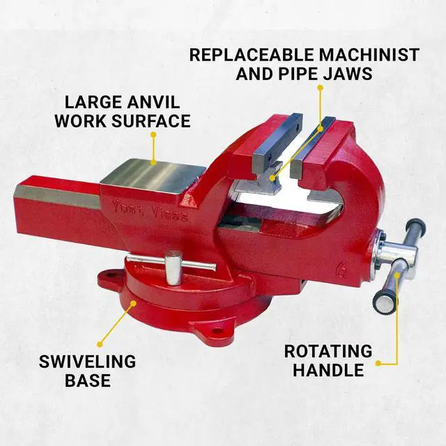 Alt view image 3 of 6 - Yost Vises ADI-5 Heavy Duty Vise | 130,000 PSI Tensile Strength Austempered Ductile Iron Bench Vise | 5.5 Inch Jaw Width with a 360 Degrees Interlocking Swivel Base and 2 Lockdowns | Red
