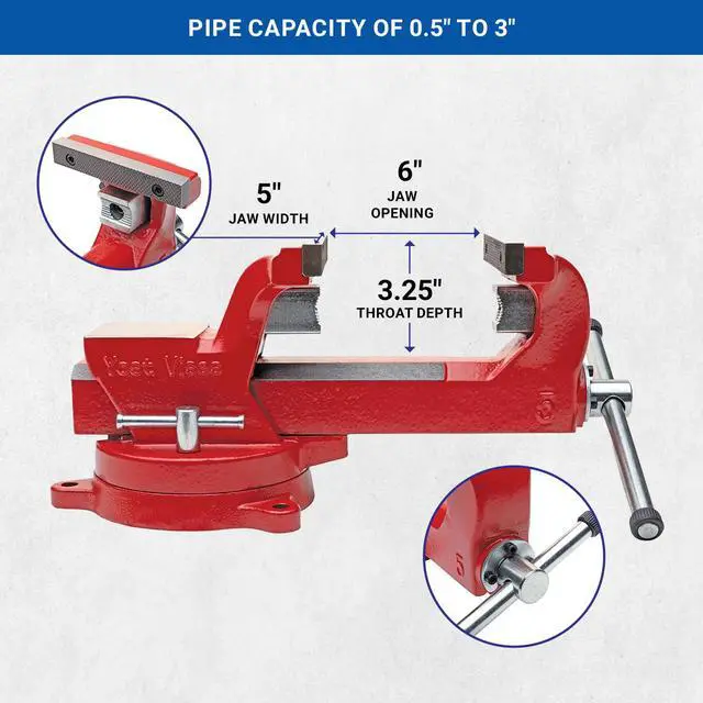 Alt view image 4 of 6 - Yost Vises ADI-5 Heavy Duty Vise | 130,000 PSI Tensile Strength Austempered Ductile Iron Bench Vise | 5.5 Inch Jaw Width with a 360 Degrees Interlocking Swivel Base and 2 Lockdowns | Red