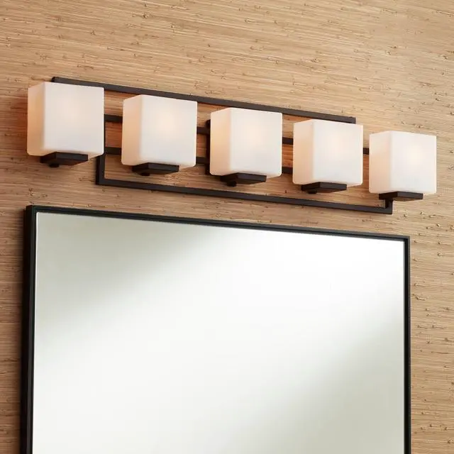 Alt view image 2 of 6 - Lighting on the Square Modern Wall Light Bronze Metal Hardwired 37" 5-Light Fixture Opal Glass Shade for Bedroom Bedside Bathroom Vanity Living Room Hallway Dining House Home