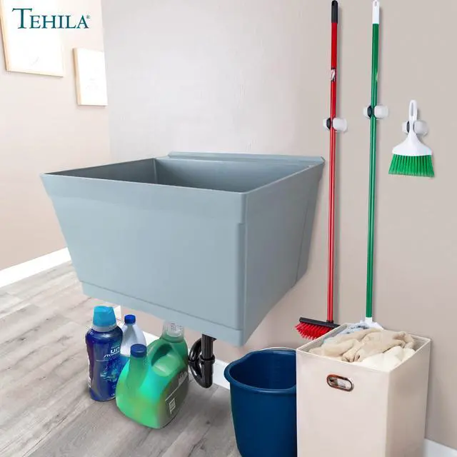 Alt view image 4 of 6 - Tehila Grey Wall-Mounted Utility Sink Tub Kit, Wall-Mounted Utility Tub with Wall Bracket, Floating Utility Sink for Laundry Room, Garage, Workshop, and More
