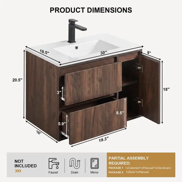 Alt view image 2 of 6 - 30" Bathroom Vanity with Sink, Floating Bathroom Vanity with Large Storage, Modern Bathroom Cabinet with Ceramic Sink, 2 Soft-Close Drawers and 1 Door