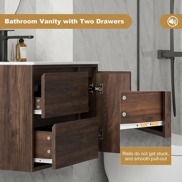 Alt view image 3 of 6 - 30" Bathroom Vanity with Sink, Floating Bathroom Vanity with Large Storage, Modern Bathroom Cabinet with Ceramic Sink, 2 Soft-Close Drawers and 1 Door