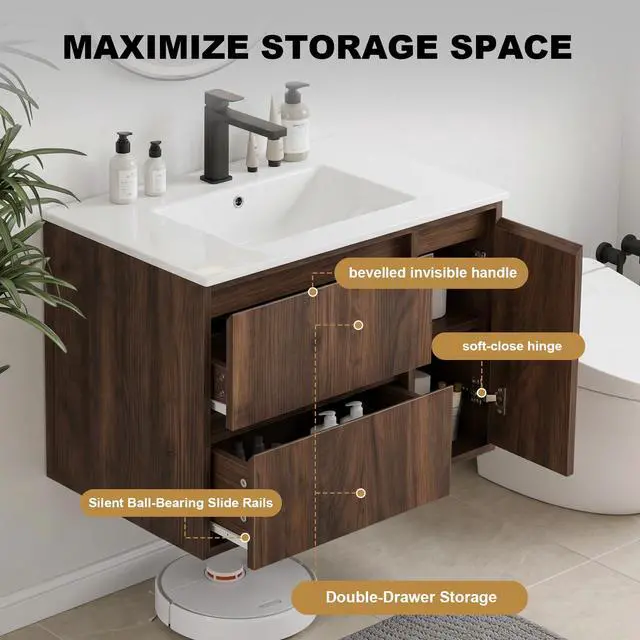 Alt view image 4 of 6 - 30" Bathroom Vanity with Sink, Floating Bathroom Vanity with Large Storage, Modern Bathroom Cabinet with Ceramic Sink, 2 Soft-Close Drawers and 1 Door