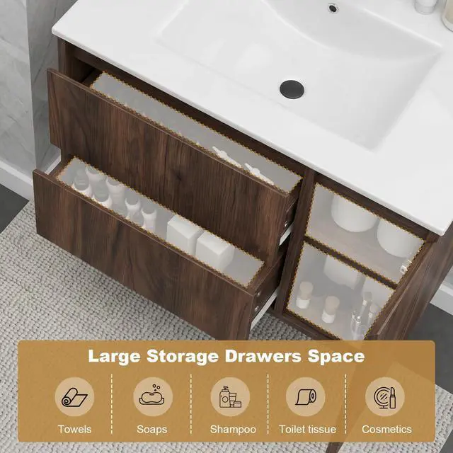 Alt view image 5 of 6 - 30" Bathroom Vanity with Sink, Floating Bathroom Vanity with Large Storage, Modern Bathroom Cabinet with Ceramic Sink, 2 Soft-Close Drawers and 1 Door