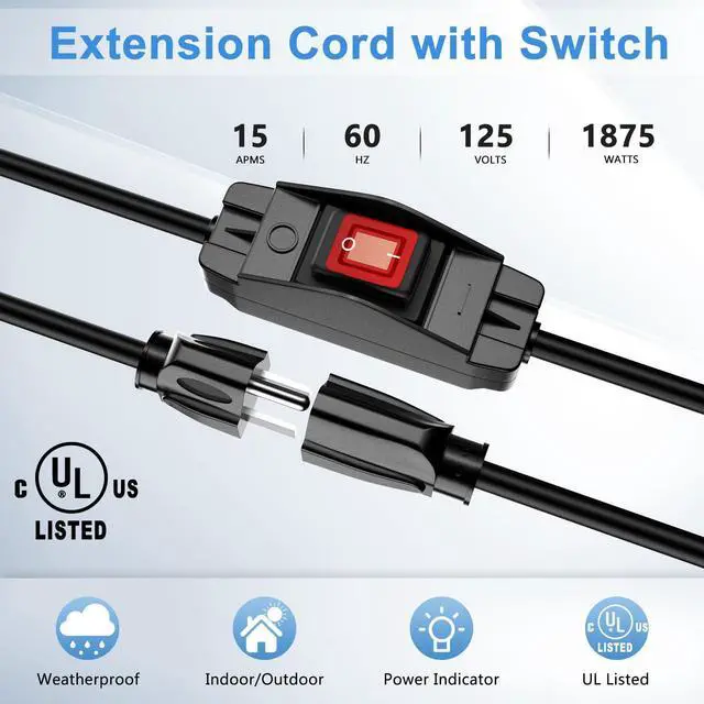 Alt view image 2 of 6 - Extension Cord with ON/Off Waterproof Switch,Extension Cord with Switch 3-Prong Outdoor 1875W,Black Heavy Duty, 14/3 SJTW 15A 125V Grounded Plug Receptacle,1.5FT,Black, UL Listed,10PK