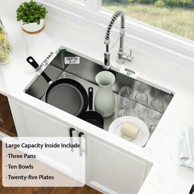 Alt view image 2 of 6 - 33 Inch Undermount Kitchen Sink 33 x 19 Undermount Kitchen Sinks Stainless Steel 16 Gauge Single Bowl Under Mount Deep Basin Handmade with Offset Drainer