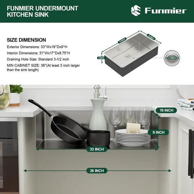 Alt view image 3 of 6 - 33 Inch Undermount Kitchen Sink 33 x 19 Undermount Kitchen Sinks Stainless Steel 16 Gauge Single Bowl Under Mount Deep Basin Handmade with Offset Drainer