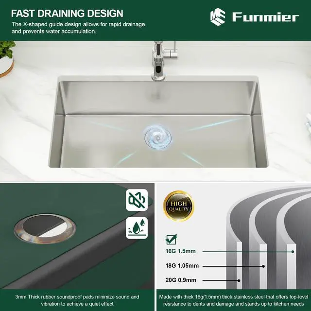 Alt view image 4 of 6 - 33 Inch Undermount Kitchen Sink 33 x 19 Undermount Kitchen Sinks Stainless Steel 16 Gauge Single Bowl Under Mount Deep Basin Handmade with Offset Drainer
