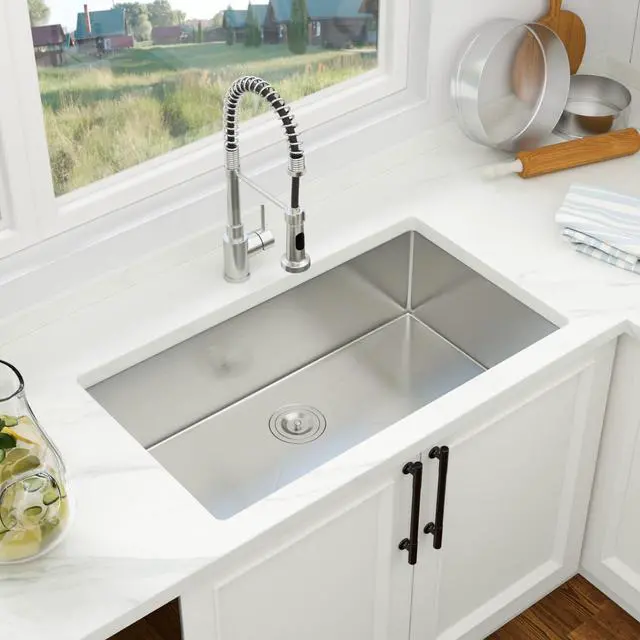Alt view image 6 of 6 - 33 Inch Undermount Kitchen Sink 33 x 19 Undermount Kitchen Sinks Stainless Steel 16 Gauge Single Bowl Under Mount Deep Basin Handmade with Offset Drainer