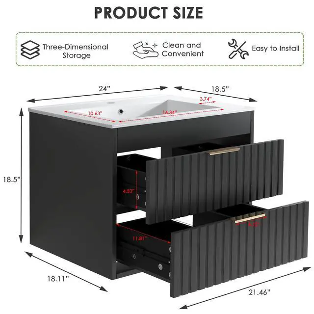 Alt view image 2 of 6 - 24" Bathroom Vanity with Sink, Floating Bathroom Vanity with 2 Fluted Drawers & Metal Handle, Wall Mounted Cabinets with Integrated Ceramic Sink for Apartment, Home, Black