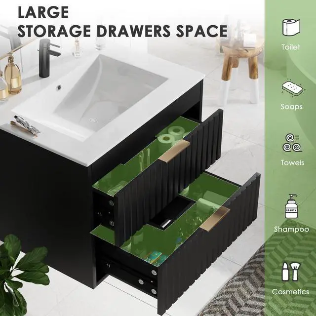 Alt view image 3 of 6 - 24" Bathroom Vanity with Sink, Floating Bathroom Vanity with 2 Fluted Drawers & Metal Handle, Wall Mounted Cabinets with Integrated Ceramic Sink for Apartment, Home, Black