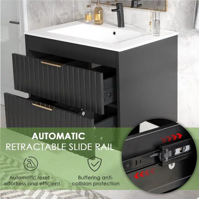 Alt view image 4 of 6 - 24" Bathroom Vanity with Sink, Floating Bathroom Vanity with 2 Fluted Drawers & Metal Handle, Wall Mounted Cabinets with Integrated Ceramic Sink for Apartment, Home, Black