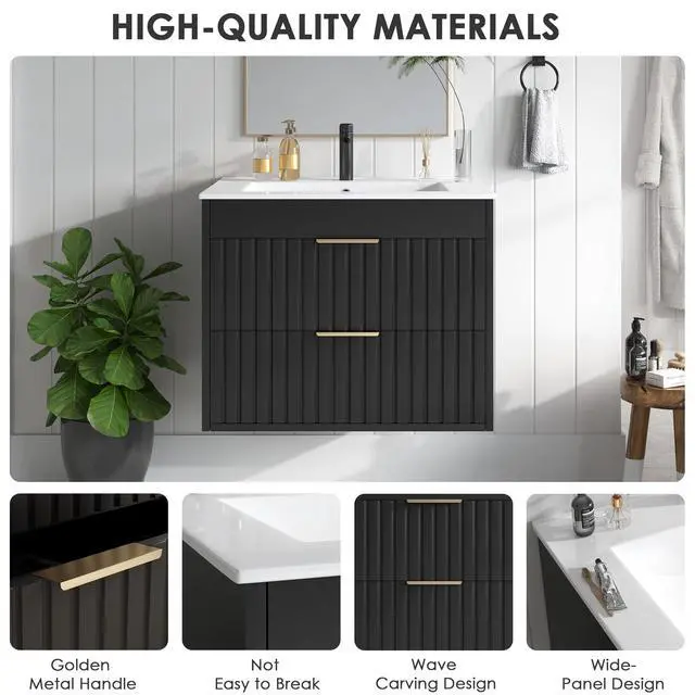 Alt view image 5 of 6 - 24" Bathroom Vanity with Sink, Floating Bathroom Vanity with 2 Fluted Drawers & Metal Handle, Wall Mounted Cabinets with Integrated Ceramic Sink for Apartment, Home, Black