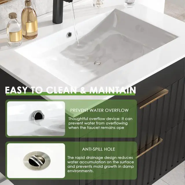 Alt view image 6 of 6 - 24" Bathroom Vanity with Sink, Floating Bathroom Vanity with 2 Fluted Drawers & Metal Handle, Wall Mounted Cabinets with Integrated Ceramic Sink for Apartment, Home, Black