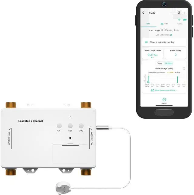 Main image of LeakStop 2-Channel for Washing Machine ONLY, Dual Auto Shutoff Valves & Leak Detection, Real-Time Monitoring, LoRa Long-Range, 2 AA Up to 5-Year Battery Hub Required