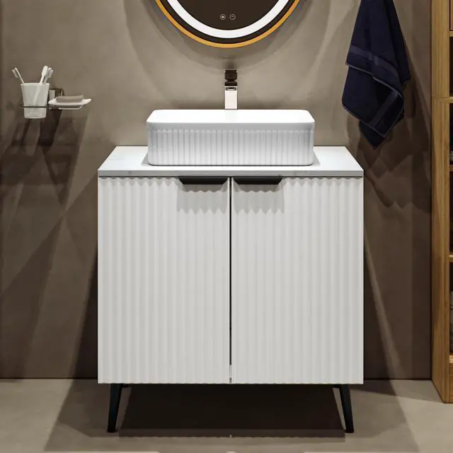 Alt view image 2 of 6 - 30 Inch Bathroom Vanity Without Sink, Modern Fluted Bathroom Vanity with 2 Doors, Wood Freestanding Pedestal Storage Cabinet, Large Capacity Under Sink Cabinet for Bathroom, White