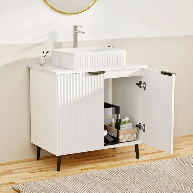Alt view image 5 of 6 - 30 Inch Bathroom Vanity Without Sink, Modern Fluted Bathroom Vanity with 2 Doors, Wood Freestanding Pedestal Storage Cabinet, Large Capacity Under Sink Cabinet for Bathroom, White