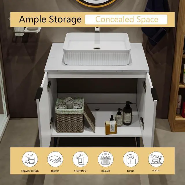Alt view image 6 of 6 - 30 Inch Bathroom Vanity Without Sink, Modern Fluted Bathroom Vanity with 2 Doors, Wood Freestanding Pedestal Storage Cabinet, Large Capacity Under Sink Cabinet for Bathroom, White
