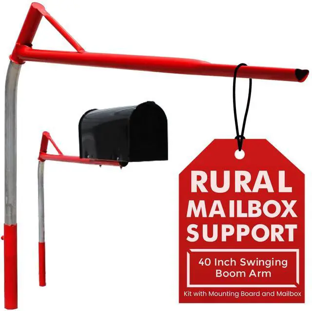 Main image of Rural Mailbox Support with Swinging Boom Arm Complete Kit, Box and Mounting Board Included, No Dig Mailbox Post, Galvanized Steel Post, Ideal for Rural and Residential, Made in USA (Red, Medium)