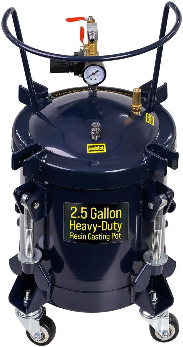 Main image of 2.5 Gallon (10 Liter) Heavy Duty Steel Pressure Pot for Resin Casting with Clamp on Lid, Caster Wheels, Regulator & Gauge, Large Volume Epoxy Resin Pressure Pot