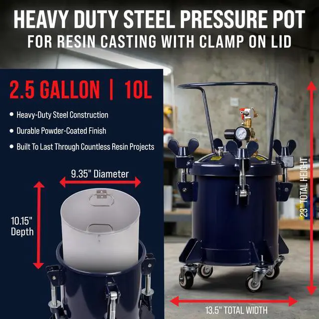 Alt view image 2 of 6 - 2.5 Gallon (10 Liter) Heavy Duty Steel Pressure Pot for Resin Casting with Clamp on Lid, Caster Wheels, Regulator & Gauge, Large Volume Epoxy Resin Pressure Pot
