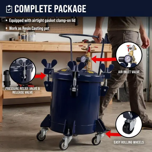 Alt view image 5 of 6 - 2.5 Gallon (10 Liter) Heavy Duty Steel Pressure Pot for Resin Casting with Clamp on Lid, Caster Wheels, Regulator & Gauge, Large Volume Epoxy Resin Pressure Pot