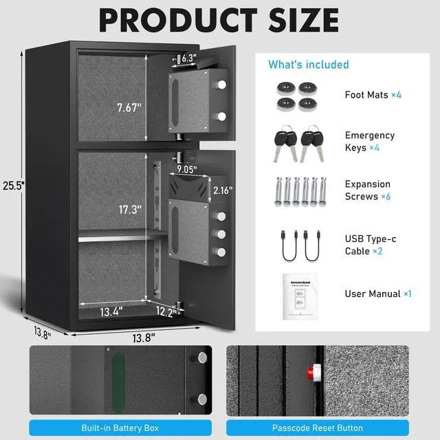 Alt view image 4 of 6 - Large Double Door Safe Box Fireproof Waterproof, 6.0 Cu ft Security Safe with LED Light and Dual Alarm System, Home Safes Digital Keypad and Mute Function, Security Lock Box for Money and Valuables