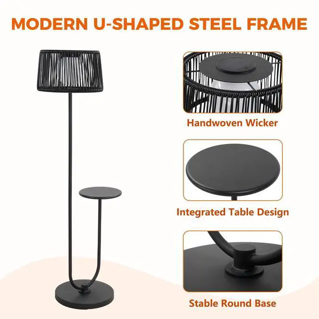 Alt view image 2 of 6 - Modern U-Shaped Outdoor Patio Floor Lamp with Side Table, Black | 3000K warm white glow; IP65-rated waterproof design; metal frame; space-saving 13.75 in base; 55.75 in height