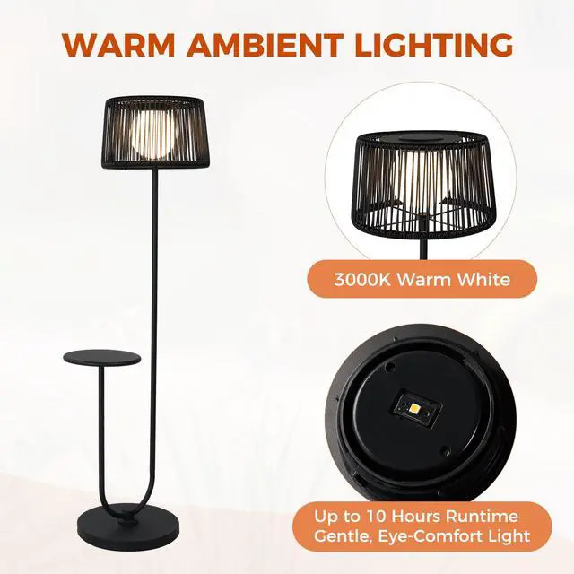 Alt view image 4 of 6 - Modern U-Shaped Outdoor Patio Floor Lamp with Side Table, Black | 3000K warm white glow; IP65-rated waterproof design; metal frame; space-saving 13.75 in base; 55.75 in height