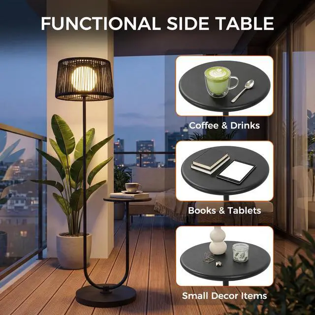 Alt view image 5 of 6 - Modern U-Shaped Outdoor Patio Floor Lamp with Side Table, Black | 3000K warm white glow; IP65-rated waterproof design; metal frame; space-saving 13.75 in base; 55.75 in height