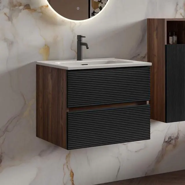 Main image of 24 Walnut & Black Floating Bathroom Vanity with Sink, Mid-Century Modern Bathroom Cabinet with Soft Close & Large Storage Drawers, for Small Space, Apartment, Hotel