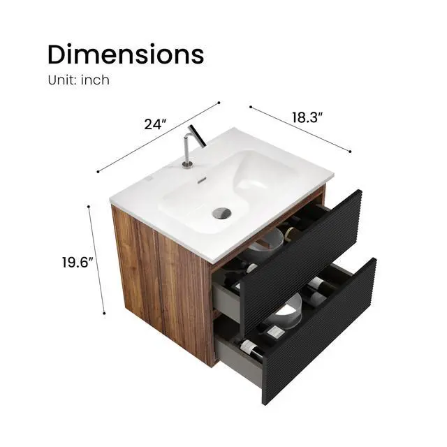 Alt view image 2 of 6 - 24 Walnut & Black Floating Bathroom Vanity with Sink, Mid-Century Modern Bathroom Cabinet with Soft Close & Large Storage Drawers, for Small Space, Apartment, Hotel