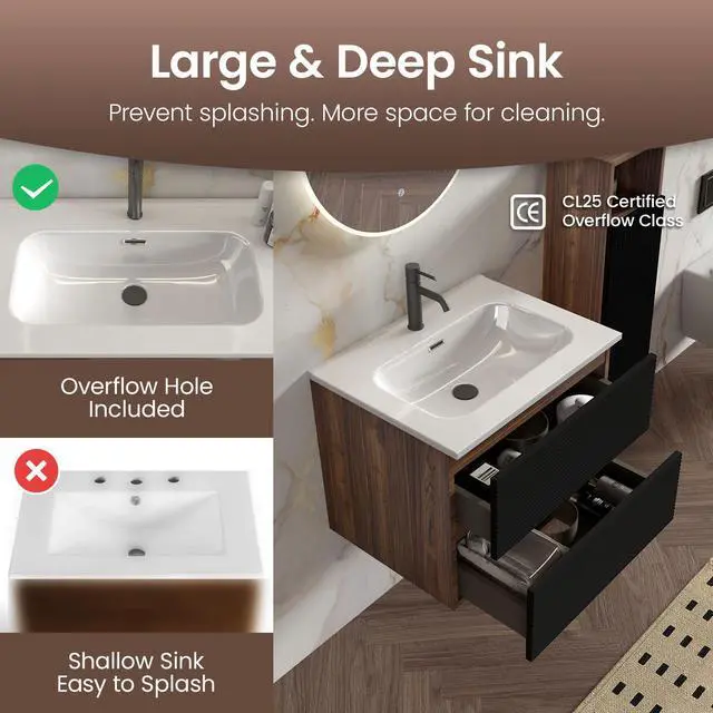 Alt view image 3 of 6 - 24 Walnut & Black Floating Bathroom Vanity with Sink, Mid-Century Modern Bathroom Cabinet with Soft Close & Large Storage Drawers, for Small Space, Apartment, Hotel