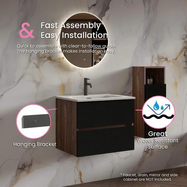 Alt view image 4 of 6 - 24 Walnut & Black Floating Bathroom Vanity with Sink, Mid-Century Modern Bathroom Cabinet with Soft Close & Large Storage Drawers, for Small Space, Apartment, Hotel
