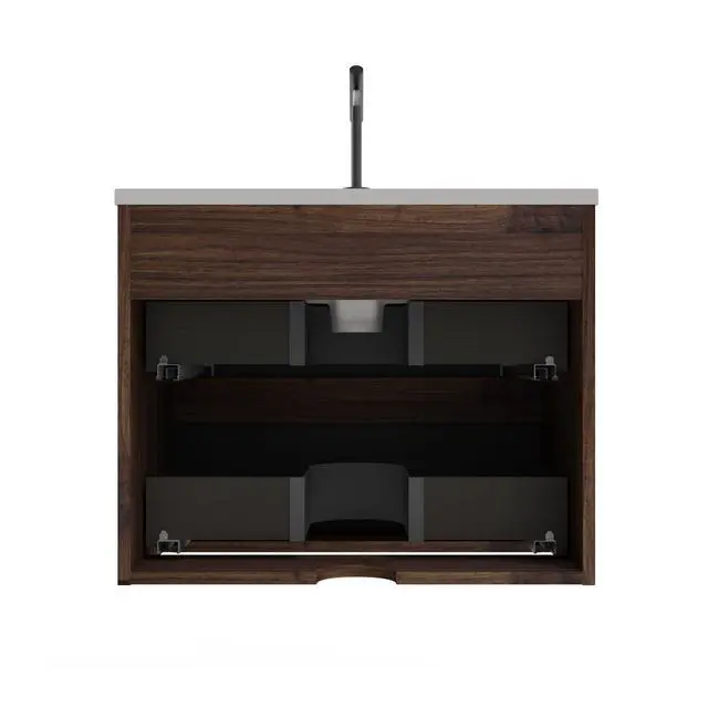 Alt view image 5 of 6 - 24 Walnut & Black Floating Bathroom Vanity with Sink, Mid-Century Modern Bathroom Cabinet with Soft Close & Large Storage Drawers, for Small Space, Apartment, Hotel