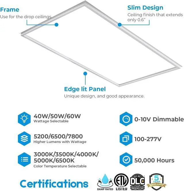 Alt view image 2 of 6 - 2X4 FT Edge-Lit Frame LED Panel Lights,5CCT Selectable 3000K-6500K, 2600/3900/5200LM,20W/30W/40W Switch, Grid Drop Ceiling Lights,0-10V Dimmable, Damp Rated,100-277V,ETL Listed (2X4 Edge - 6 Pack)