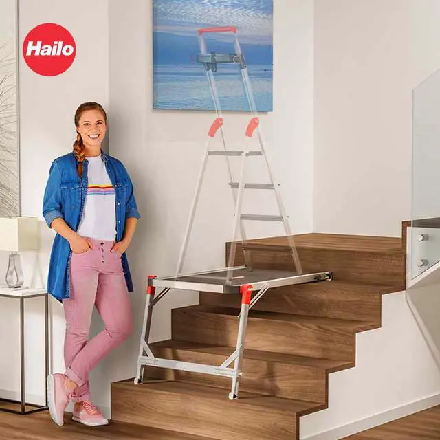 Alt view image 2 of 6 - TP1 Staircase Platform - Length and Height-Adjustable Telescopic Rails and feet - Integrated Bubble Level - Two-Hand Safety Unlocking Mechanism - for use with Step stools & stepladders